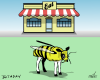 Vector graphic image by Mike Martinet of a cafe above an image of a calf-bee mashup